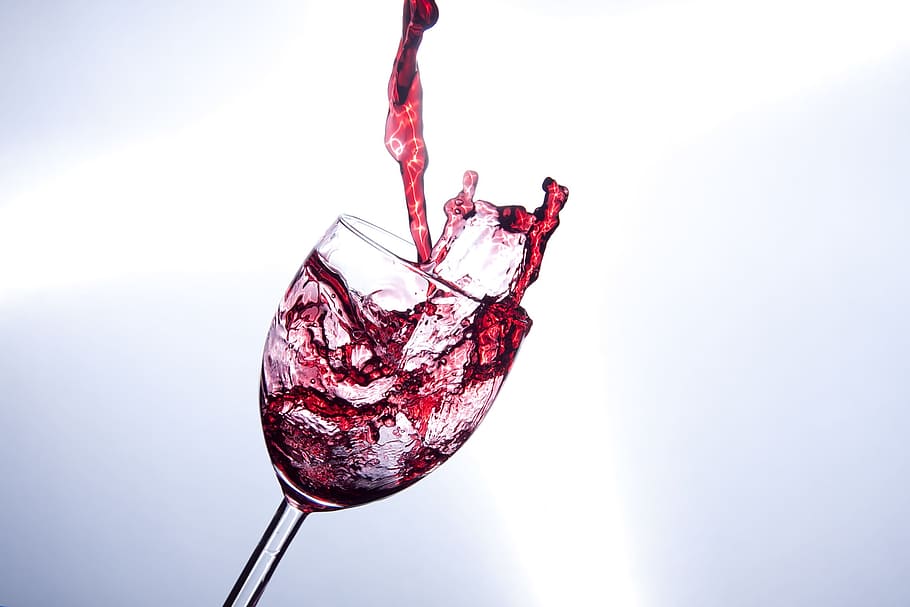 wine glass, red, liquid, red wine, pleasure, pour a, spill over, studio shot, indoors, food and drink