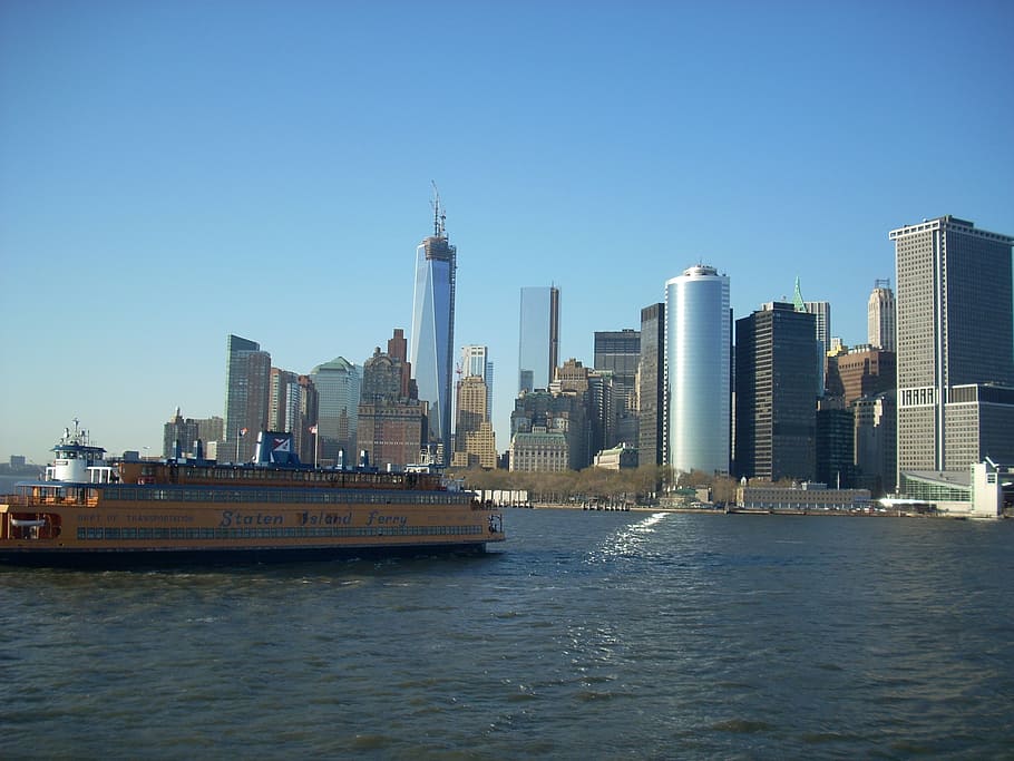new york city, skyline, staten island ferry, city, water, pier, building exterior, office building exterior, architecture, sky