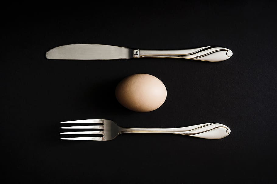 shot, egg, knife, fork, Overhead, knife and fork, food/Drink, food, kitchen Utensil, silverware