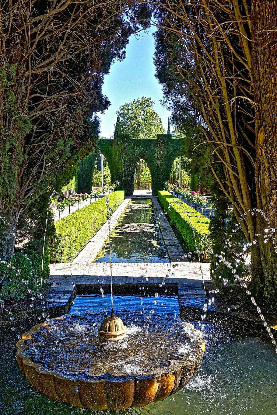 fuente, jardín, agua, alhambra, diseño, perspectiva, refrescante, planta, árbol, naturaleza