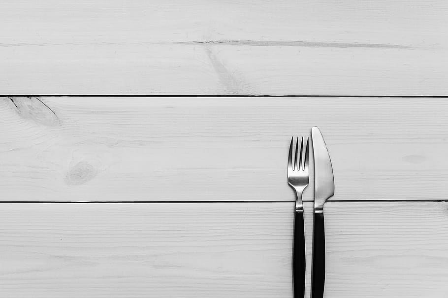 tenedor, cuchillo, gris, superficie, negro, mango, madera, cocina, mesa, cubertería