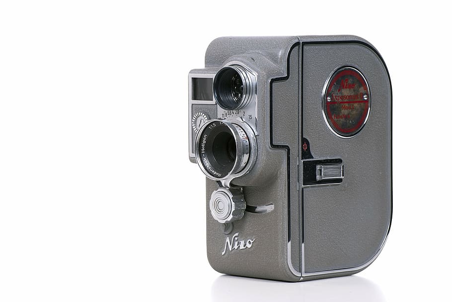 vintage gray camera, camera, film camera, analog, analog camera, retro, photography, cut out, studio recording, lens