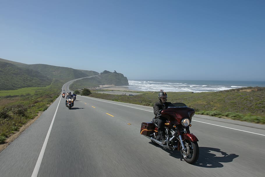 road, driving, ride, cruising, motorcycle, harley-davidson, west coast, america, highway 1, transportation system
