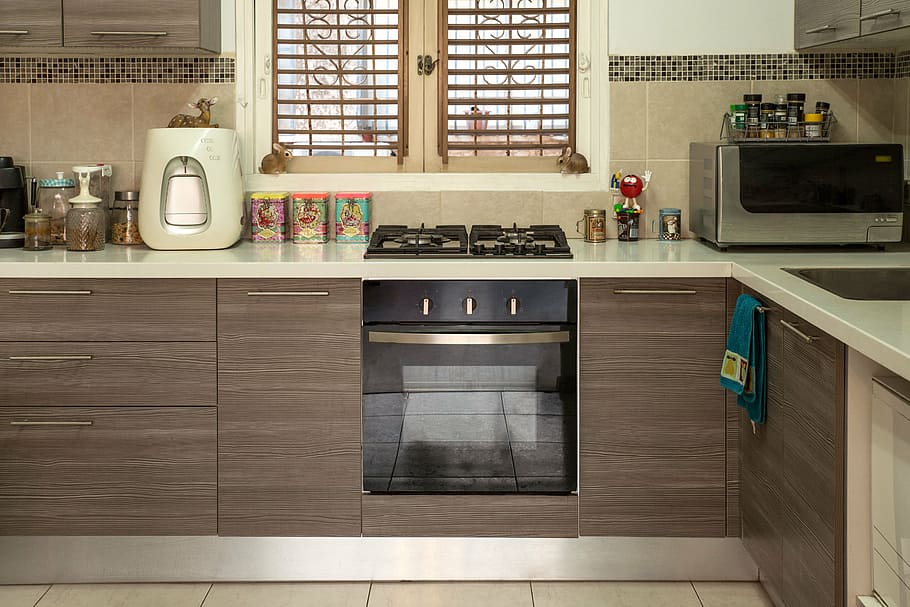 brown, wooden, kitchen cabinet, built, gas range oven, kitchen ...