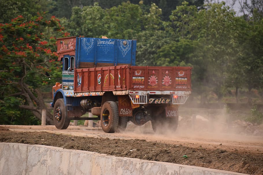 truck, road, under construction, dust, pollution, transport, vehicle, speed, lorry, transportation