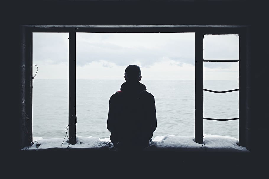 man, sitting, looking, sea, silhouette, person, near, window, people, guy