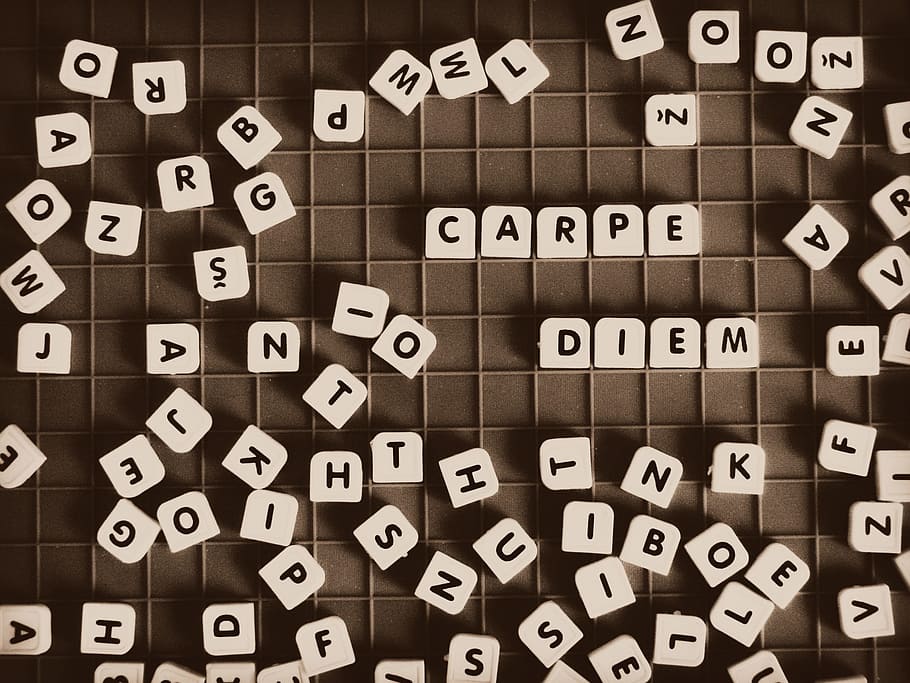 blanco, ilustración del juego de scrabble, citas, carpe diem, palabra, diem, inspiración, decir, latín, motivación