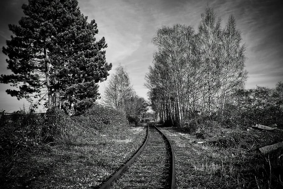 Fotografía de escala de grises de riel de tren, lugares perdidos, gleise, vías de ferrocarril, resistido, parecía, ferrocarril, antiguo, inoxidable, industria