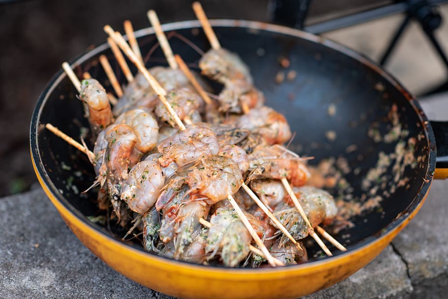 shrimp, skewers, marinade, barbeque, food, protein, spicy, shellfish, delicious, wholesome