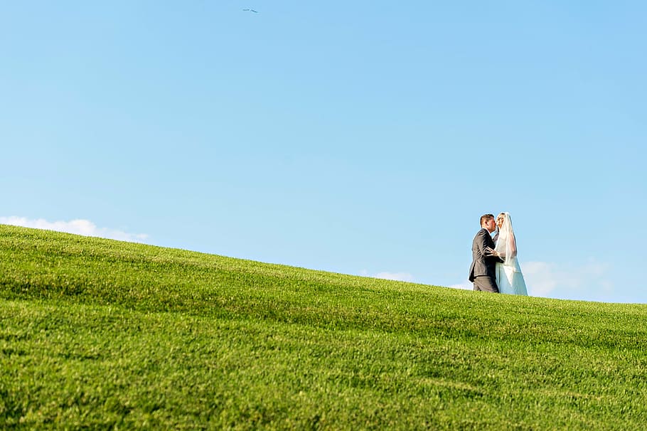 baixo, fotografia de ângulo, noiva, noivo, verde, grama, coberto, colina, dia, casamento