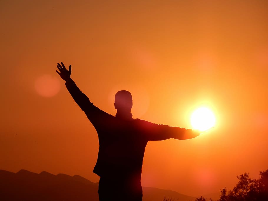 silhouette man, raising, hands, golden, hour, silhouette, sunset, shadow, nature, person