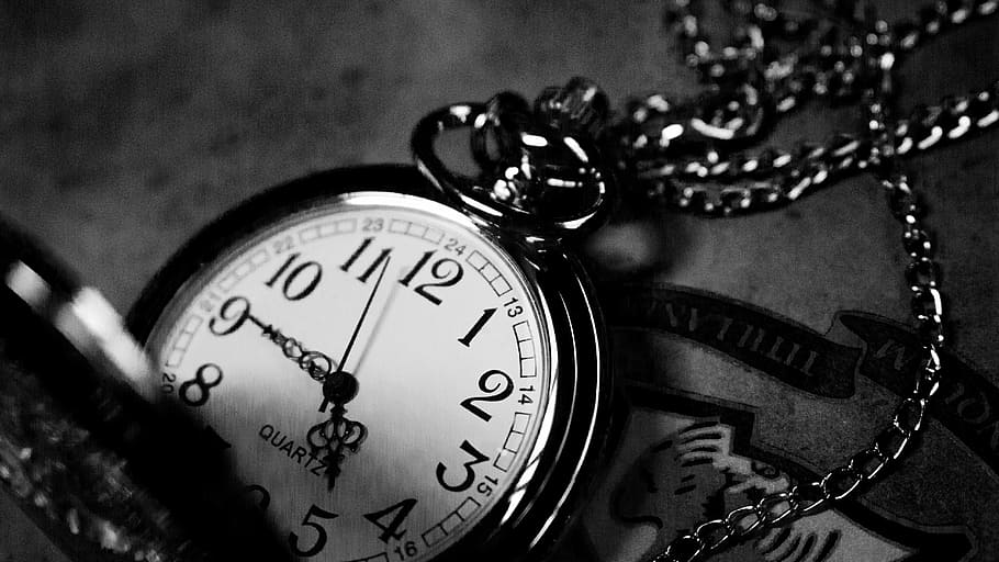 pocket, watch, displaying, 4:46, vintage, clock, black, white, necklace, black and white