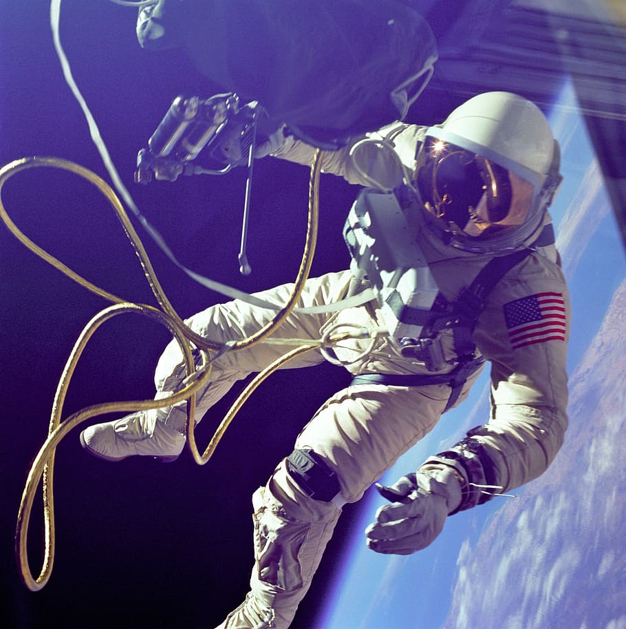 astronaut, wearing, white, overalls, spacewalk, eva, nasa, edward white, cosmonaut, orbit