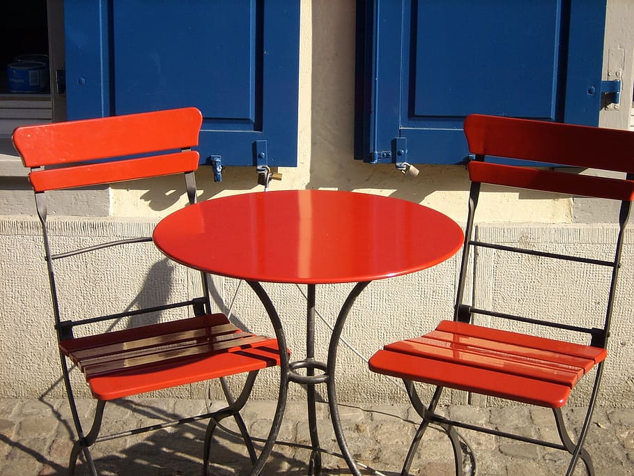 red, patio bistro table, chairs, blue, casement window, patio, bistro, table, seat, color game