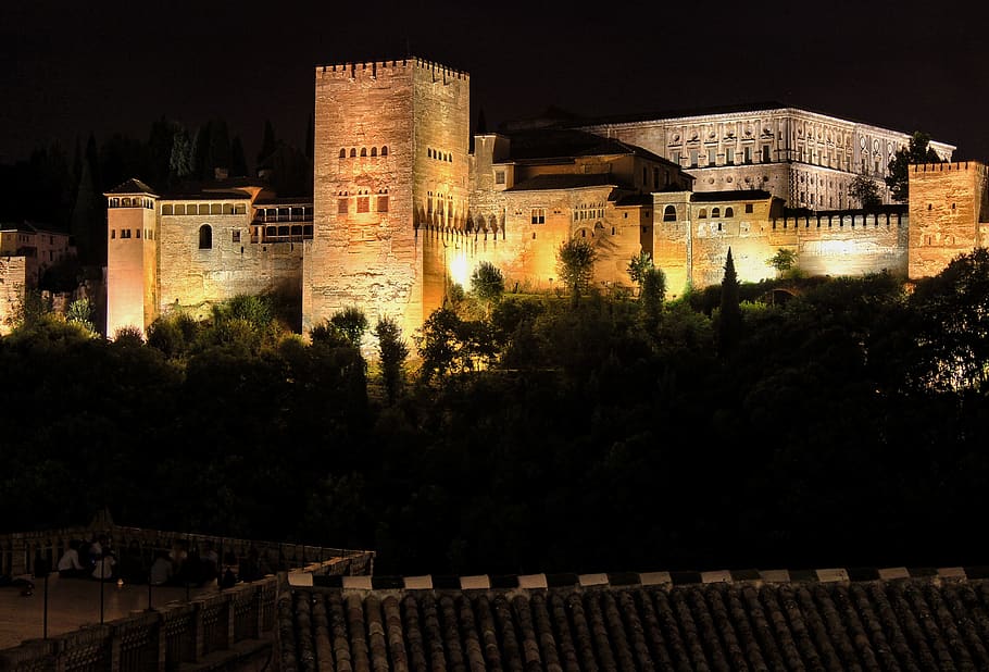 alhambra, granada, palace, monument, andalusia, night, lighting, arabesque, nazari, arabic