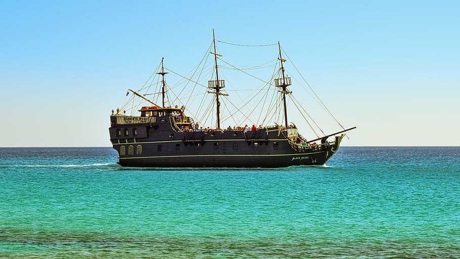 brown, pirate ship, body, water, cruise ship, cyprus, ayia napa, tourism, vacation, recreation
