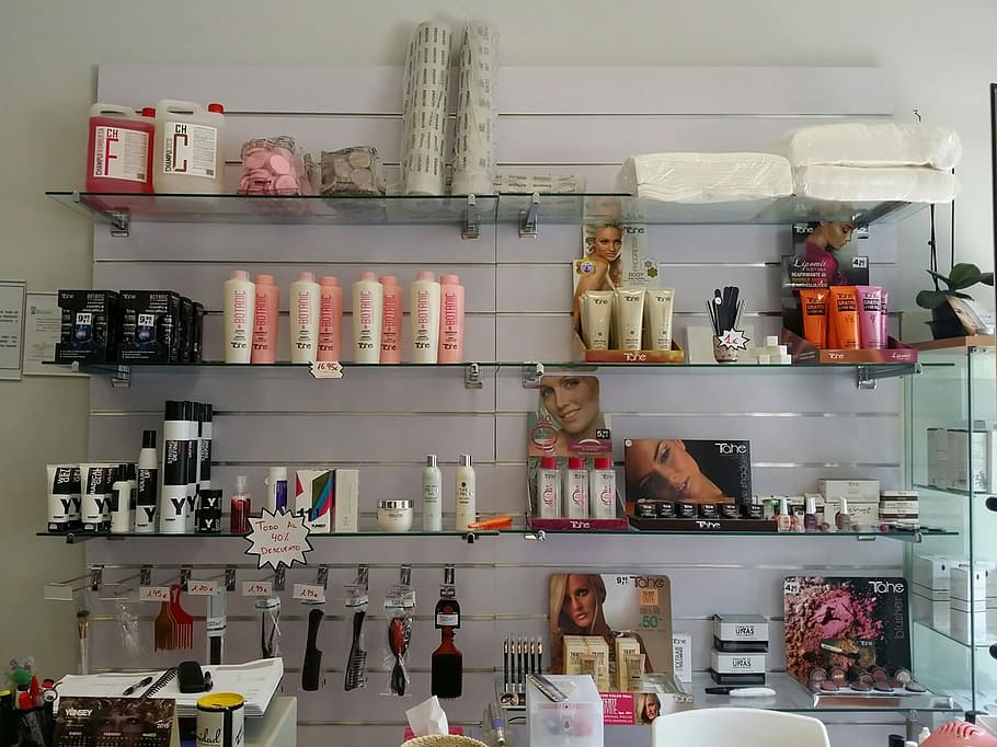 assorted, cosmetics, shelfe, Hairdressing, Shelving, Perfumes, indoors, store, people, large group of people