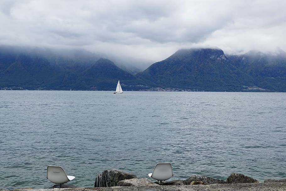 vevey, switzerland, lake geneva, chair, lake, water, mountains, fog, bank, sailing