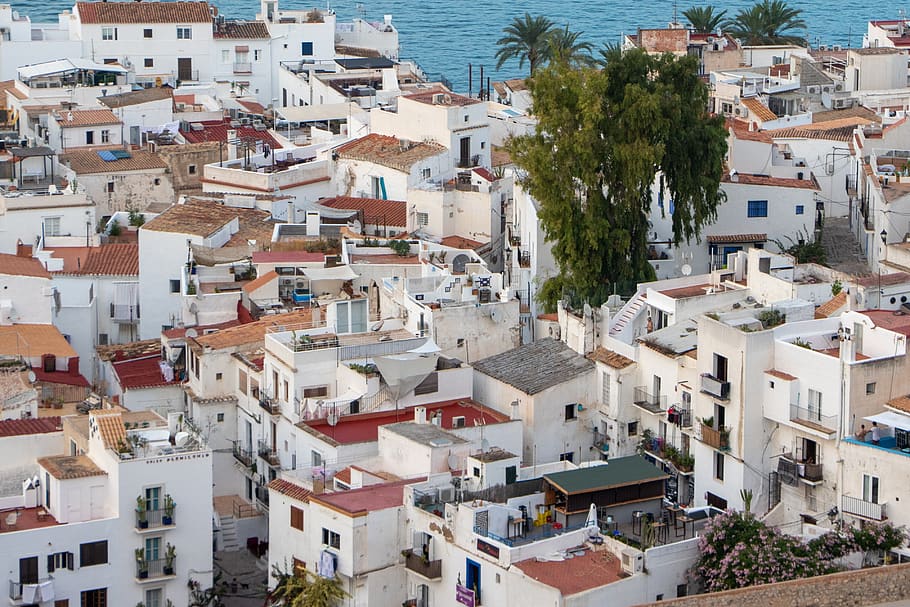 Ibiza, España, techos, casas, paisaje urbano, el casco antiguo, exterior del edificio, arquitectura, estructura construida, ciudad