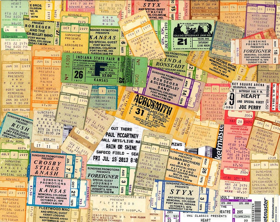 assorted-color-and-labeled ticket lot, background, concert, music, tickets, stubs, entertainment, show, performance, text