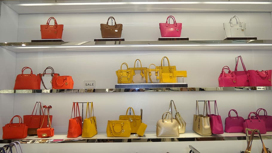 assorted-color bag display, gondola shelf, Bags, Lifestyle, Mall, Shop, Sale, shelf, indoors, variation