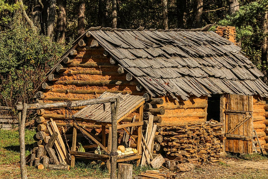 gray, brown, wooden, house, hut, cabin, settlers, settlers cabin, mud, wattle