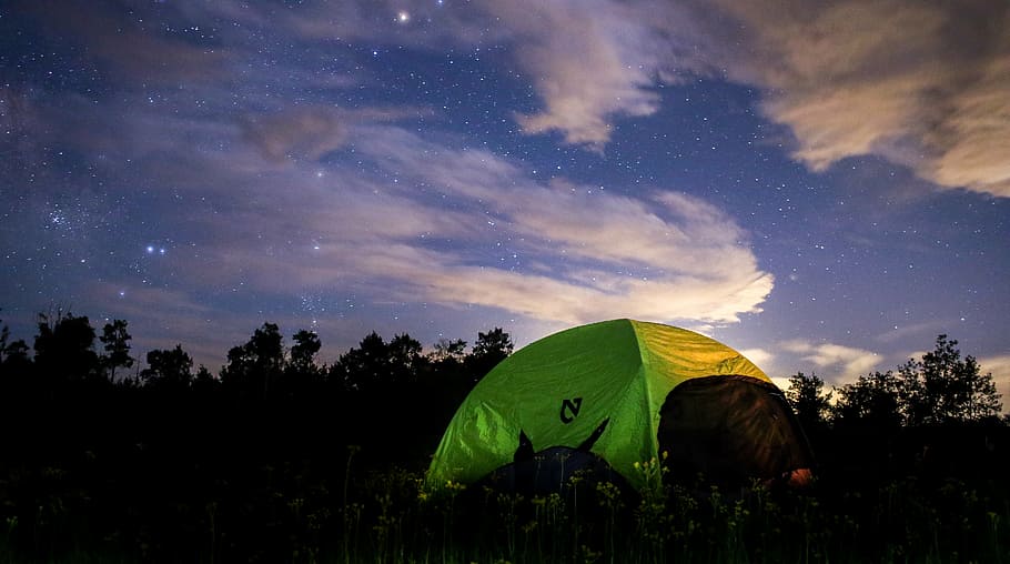 green, yellow, dome tent, dome, tent, cloudy, sky, nighttime, night, camping