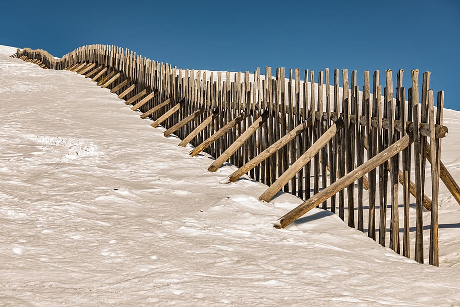 mountain, avalanche protection, wind protection, sky, snow, cold, winter, wood fence, snowy, protection