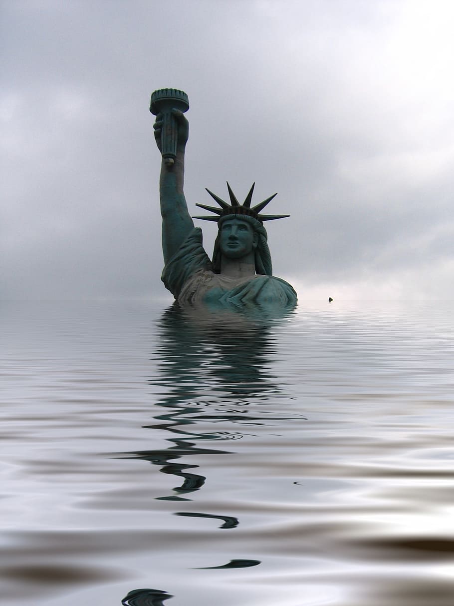 male, raising, torch statue, surrounded, body, water, statue of liberty, usa, wave, flood