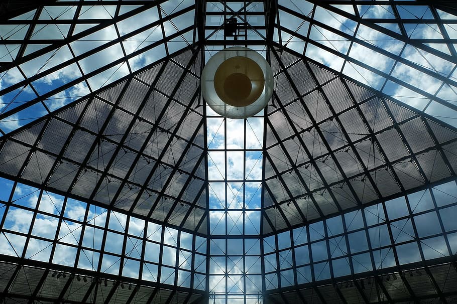 mudam, luxembourg, architecture, canopy, low angle view, ceiling, built structure, glass - material, indoors, pattern