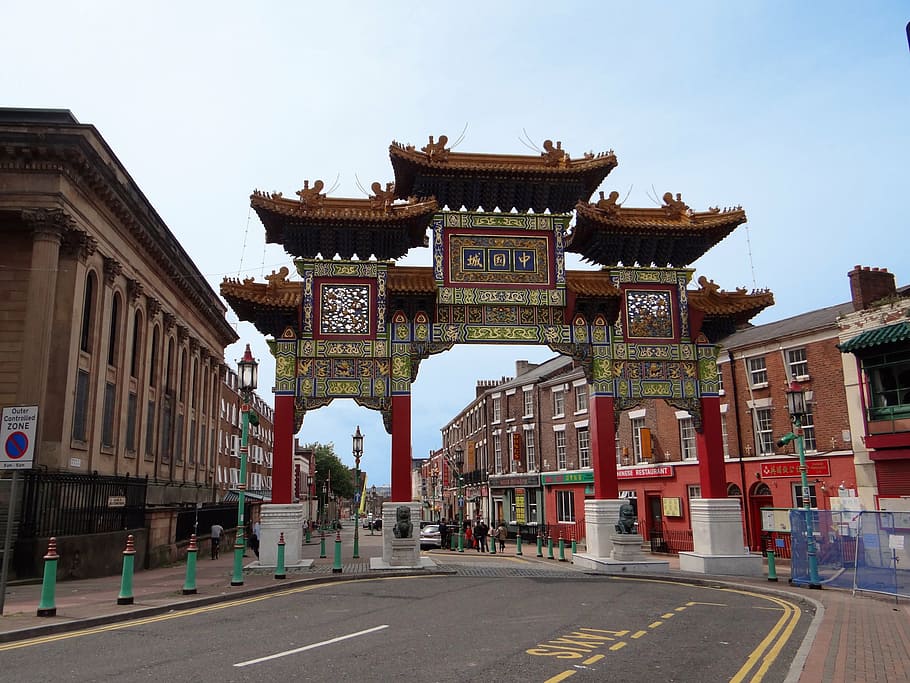 chinese, goal, chinatown, liverpool, england, architecture, built structure, building exterior, building, sky