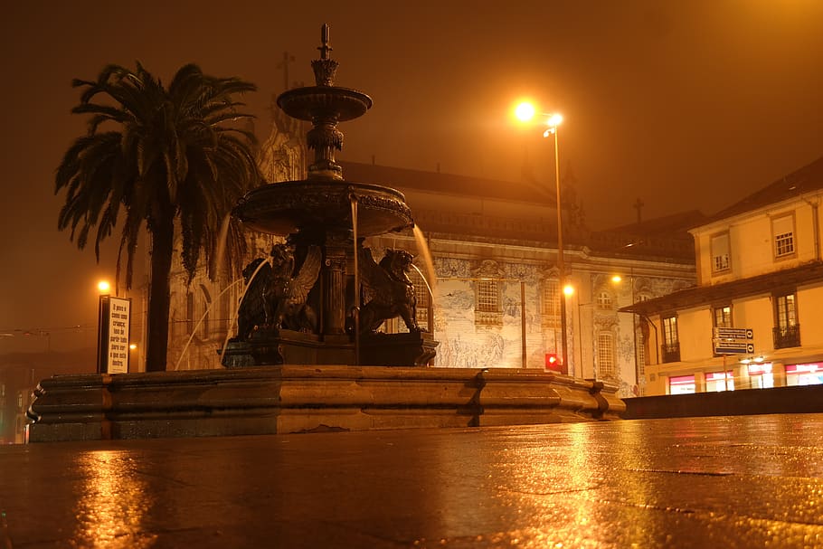 night graph, lighting, fountain, church, architecture, historically, places of interest, tourism, historic center, porto