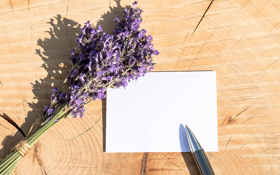 purple, cluster petaled flower, white, paper, brown, wood slab, cluster, flower, white paper, brown wood