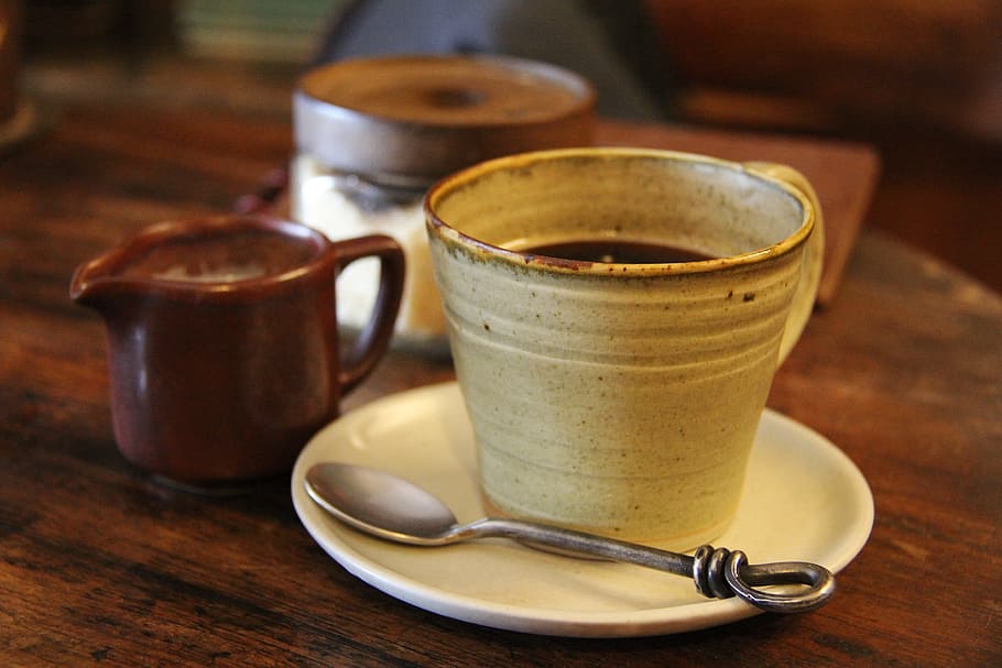 black, liquid, filled, mug, saucer, teaspoon, cup, coffee, tea, art