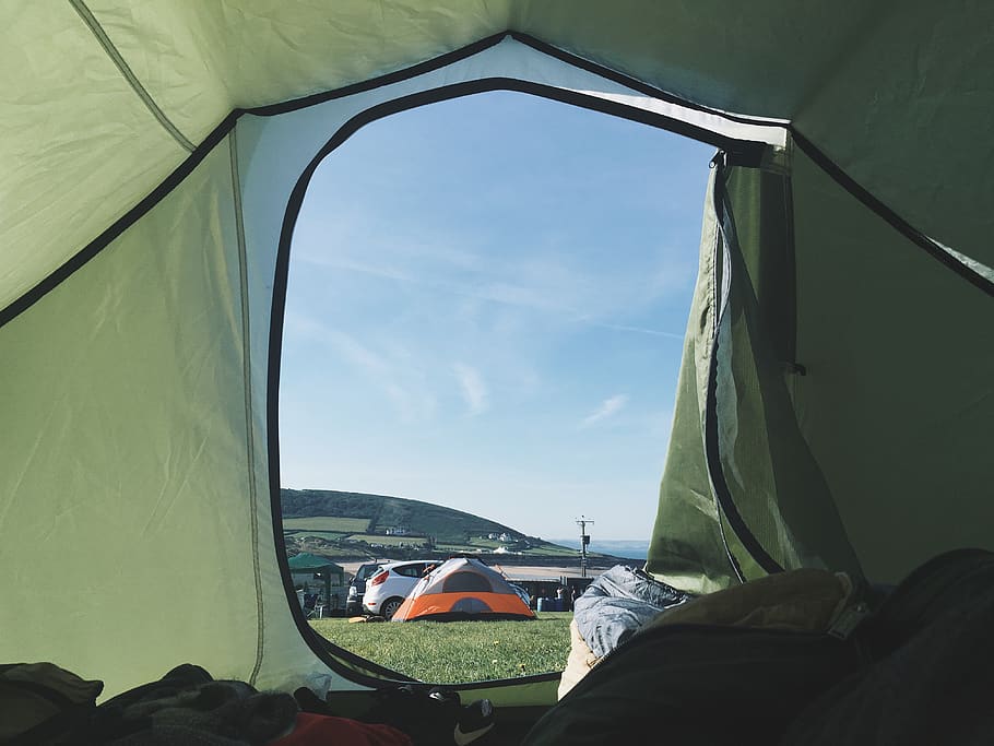green, tent, camping, outdoor, travel, adventure, grass, car, vehicle, transportation