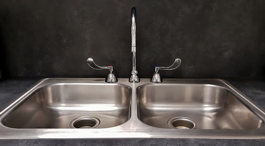 silver, double, sink, gooseneck faucet, basin, kitchen sink, tap, drain, faucet, countertop