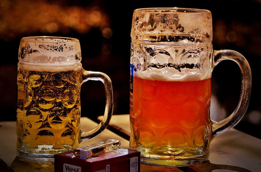two, glass beer mugs, beer, beer garden, mug, cigarettes, lighter, thirst, glass mug, drink