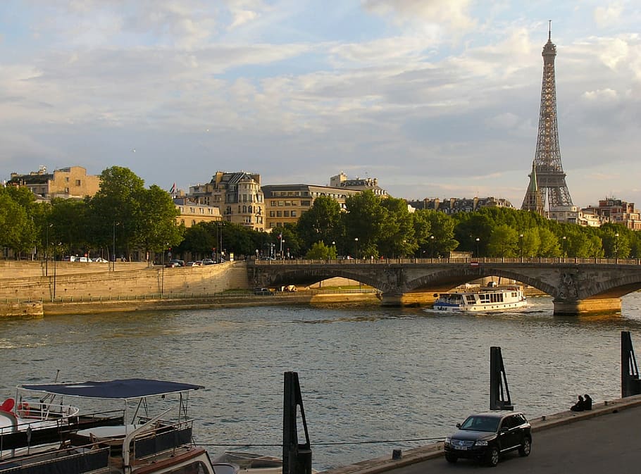 eiffel tower, seine river, paris, urban, cityscape, landmark, romantic, bridge, tourists, boat