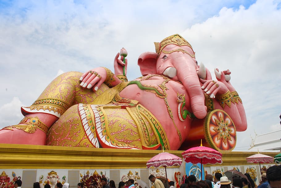 healing temple, thailand, ganesh, real people, sky, group of people, adult, cloud - sky, day, leisure activity
