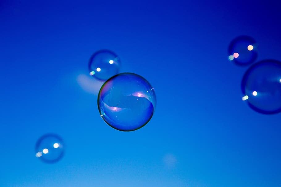soap bubble, blue, sky, sun, float, weightless, bubble, reflection, sphere, blue background