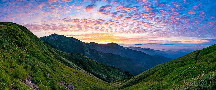 mountainous landscape, panorama, before sunrise, cloud, morning glow, hakusan national park, japan, mountain, scenics - nature, sky
