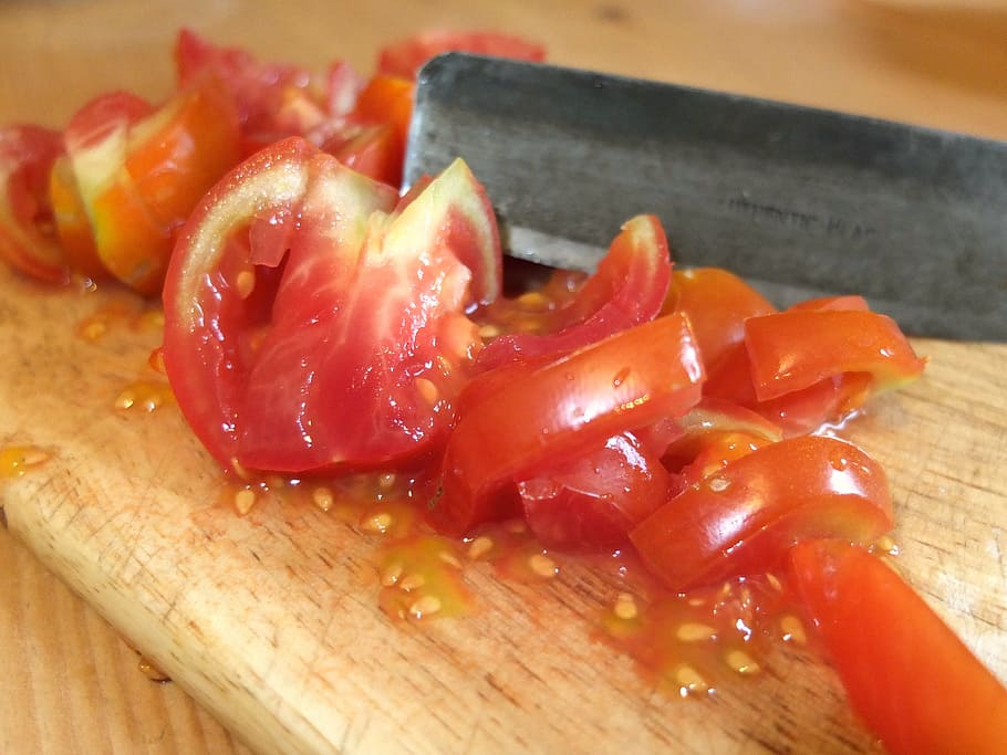 Tomato, Pieces, Cores, Knife, Cut, tomato pieces, board, kitchen, cook, frisch