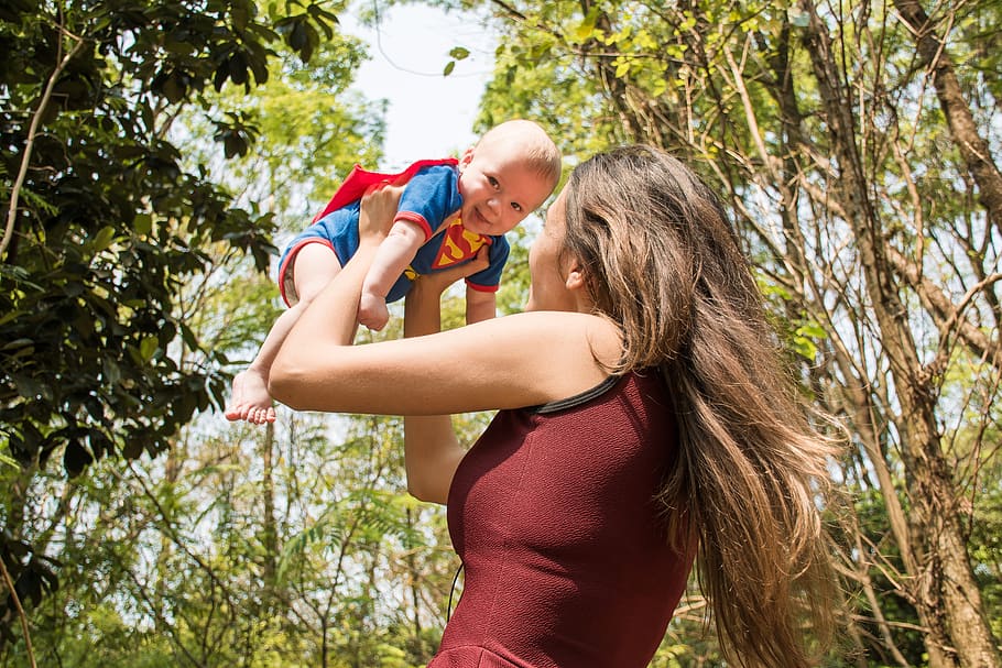hero, superman, mother, baby, woods, forest, happy, people, woman, smile