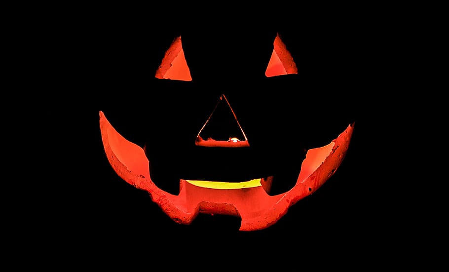 pumpkin, halloween, dark, scary, face, the background, lantern, light, candle, horror movie