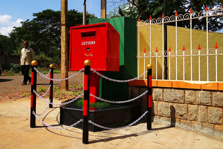 letter box, post box, tv type, red, india post, barricade, man, dharwad, india, post office red