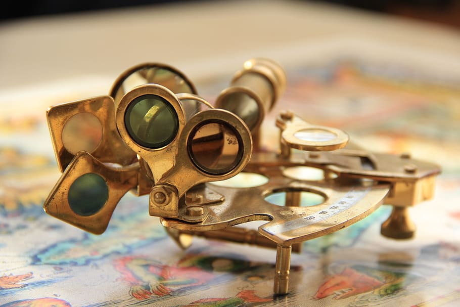 brown, metal machine part, surface, instrument, old, sextant, protractor, show, travel, discovery