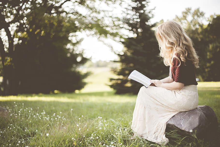 girl reading book, sits, rock, blond, blonde, girl, grass, outdoors, person, reading