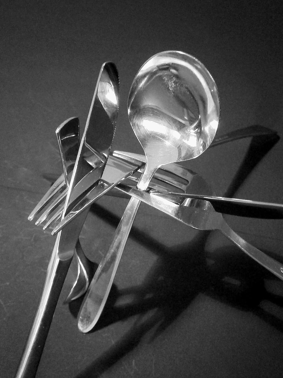gray cutlery decor, artwork, piecing together, chrome, cutlery, knife, fork, spoon, teaspoon, connected