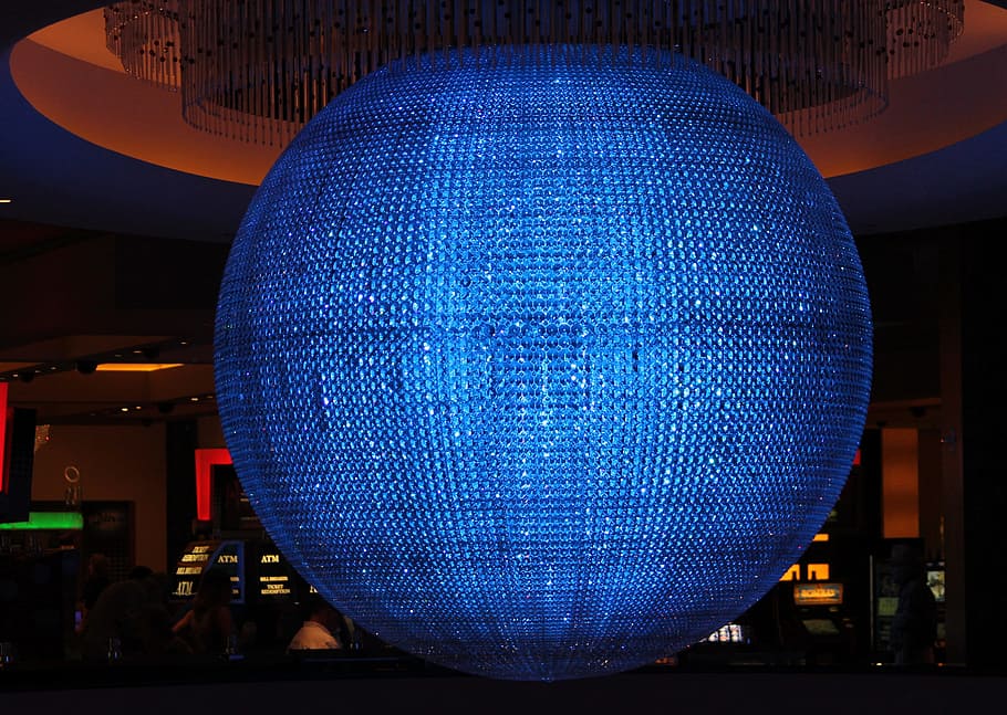 クリスタルガラス, クリスタル, ライト, ガラス, ボール, 球, 形状, 青, 光沢, 照らされた