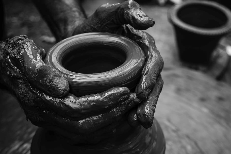 grayscale photo, person molding vase, pottery, clay, art, craftsman, handwork, sculpt, artisan, craft